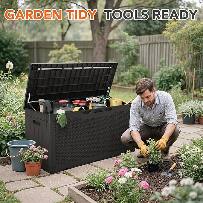 110 Gallon Deck Box Outdoor Indoor Waterproof Storage Box for Patio Furniture, Pool Accessories, Garden Tools, and Cushion Storage, Black