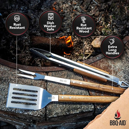 3 Piece BBQ Grilling Accessories Set - BBQ Tongs Spatula Fork Set - Heavy Duty Stainless Steel Barbecue Grill Tools with Solid Hard Wood Handles Great Gift Set