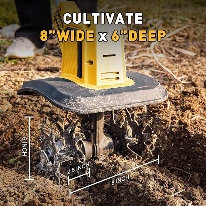 DEVONIC Cordless Electric Garden Tiller,21V 330RPM Tiller Cultivator 8" Tilling Width and 6" Depth Garden Rototiller with 2 * 2.0Ah Batteries for Lawn/Gardening (Cordless Tiller+2 Batteries)