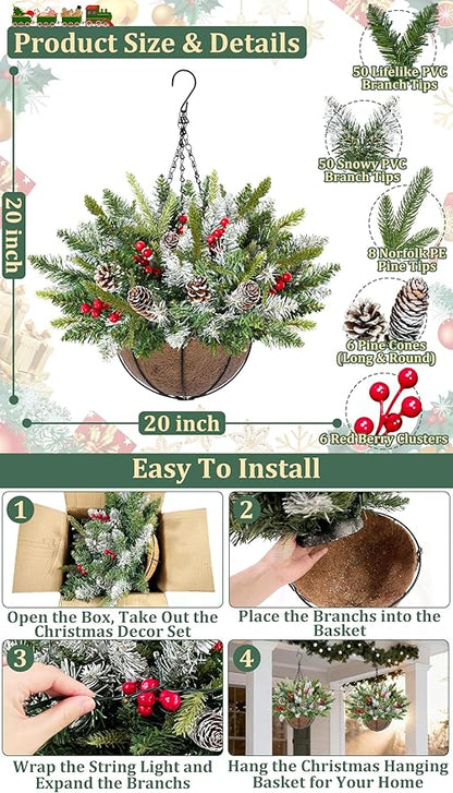 20 Inch Artificial Christmas Hanging Basket with 30LED Changing Warm White&Multicolored Timer 8 Modes Remote Control Norfolk Pine Snowy Tips Hanging Christmas Decorations for Porch Front Door Home