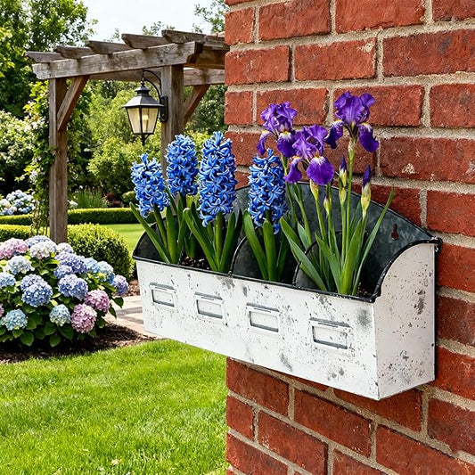 Vintage 4-Compartment Wall-Mounted Galvanized Metal Planter, Distressed White Hanging Flower Pot for Succulents, Herbs, Indoor Outdoor Garden Decor