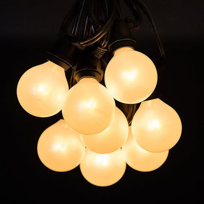 Hometown Evolution, Inc. 100 Foot C9 Commercial Exterior Globe String Lights with 80 G50 2 Inch White Satin Bulbs (Black Wire) for Weatherproof Heavy Duty Vintage Outside Lighting