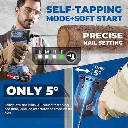 Dong Cheng 20V Brushless Impact Driver, 1840in-lbs Torque, 3200RPM, 4300IPM, 1/4" Hex Chuck, 4 Work Modes, with 2 * 2.0Ah Batteries