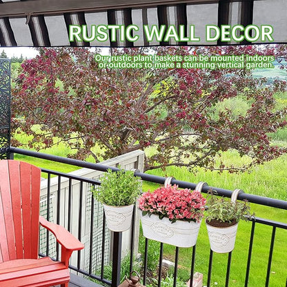 PerGar Vintage Metal Iron Wall Hanging Flower Pots, Rustic Planter Bucket Herb Flower Plant Holder with Detachable Hooks & Drainage Hole for Railing Fence Balcony Deck Garden Home Decoration, Set of 3