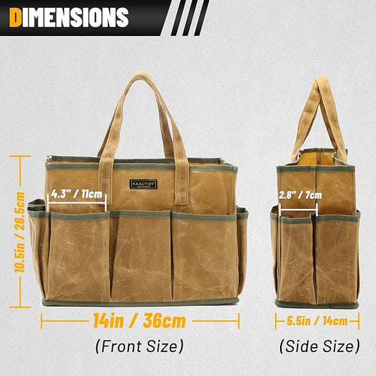 16OZ Waxed Canvas Tool Tote Bag | Large-Capacity Tool Storage Tote with 10 External Pockets | Multi-Purpose Garden Tool Carrier for Gardening, Wrench, and Carpentry Tools – Khaki