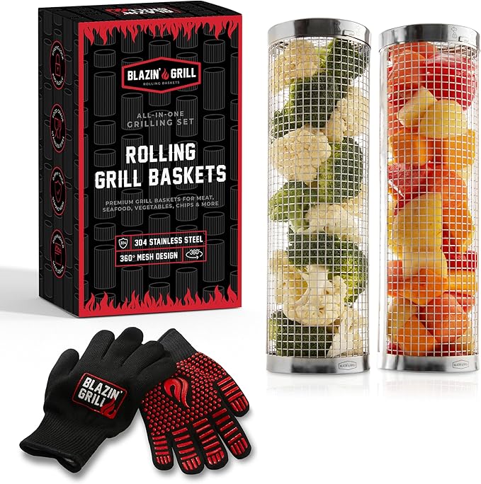 BLAZIN' GRILL Rolling Grill Basket | Rolling Grilling Baskets for Outdoor Grilling 2 Pcs | Barbecue Grill Set with BBQ Gloves | Portable Camping Net Rack Perfect for Vegetables, Seafood & Meat