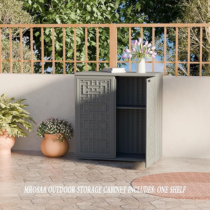 Indoor Outdoor Storage Cabinet Waterproof with Shelf,Plastic Storage Sheds Outdoor Cabinets for Patio/Garden/Backyard, Size 34.3''L*15''W*36.2''H（Gray）