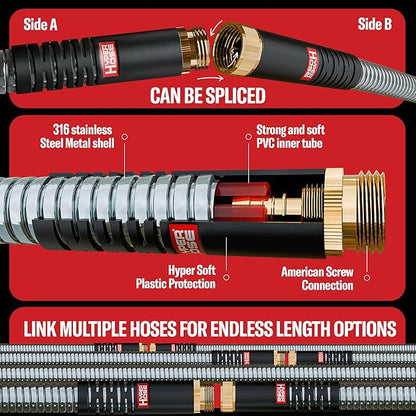 Best 100 ft Metal Garden Hose Set - No-Kink Durable 316 Stainless Steel, 10-Way Zync Spray Nozzle & Hook – Tough Flexible Heavy Duty Water Hoses, Naval Brass, Rust, Weather, LeakProof