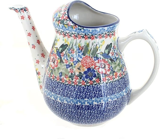 Blue Rose Polish Pottery - Red Hummingbird Watering Can - 8" Tall - Polish Pottery Watering Can, for The Garden, Patio or Indoor Décor