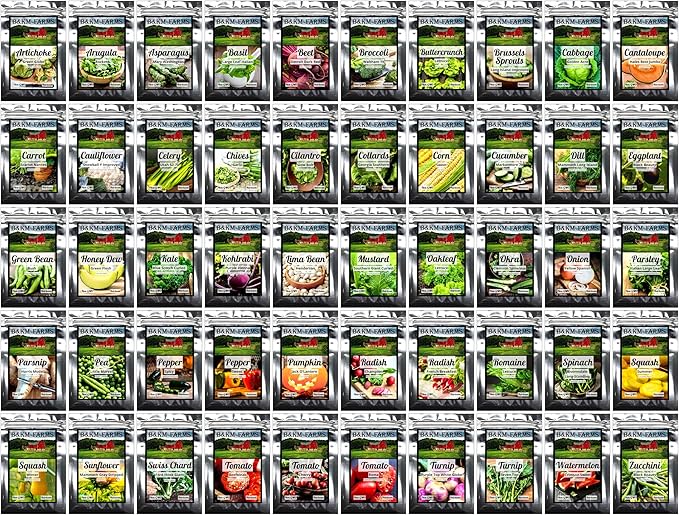 Survival Seed Vault: 50 Varieties, 50,000+ Non-GMO Heirloom Seeds - 5+ Year Supply in Secure Bucket + Growing Guide by B&KM Farms