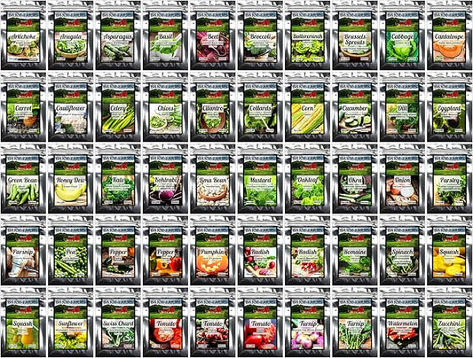 Survival Seed Vault: 50 Varieties, 50,000+ Non-GMO Heirloom Seeds - 5+ Year Supply in Secure Bucket + Growing Guide by B&KM Farms