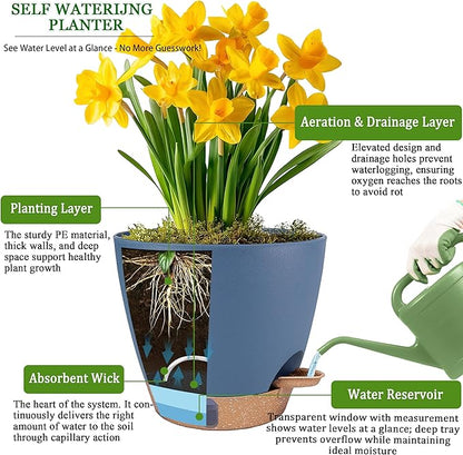 Self Watering Pots for Inoor Ourdoor Plants 10/9/8/7/6.5 Inch Plastic Planters with Drainage Holes & Water Level Indicator, Decorative House Flower Nursery Planting Pots with Saucers (Navy Blue)