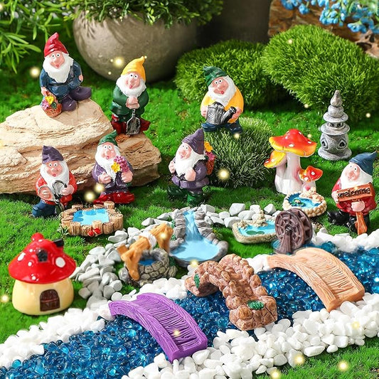 Unittype 19 Pcs Gnome Garden Accessories Tiny Fairy Gnome Figurines Miniature Bridge Mushroom Lighthouse Water Well Pond Resin Garden Decorations Miniature Figurines for Craft