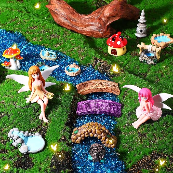 Unittype 22 Pcs Flower Fairy Gnome Accessories Garden Outdoor Miniature Bridge Mushroom Lighthouse Water Well Pond Resin Figures Garden Decorations Miniature Figurines for Craft (Flower Fairy)
