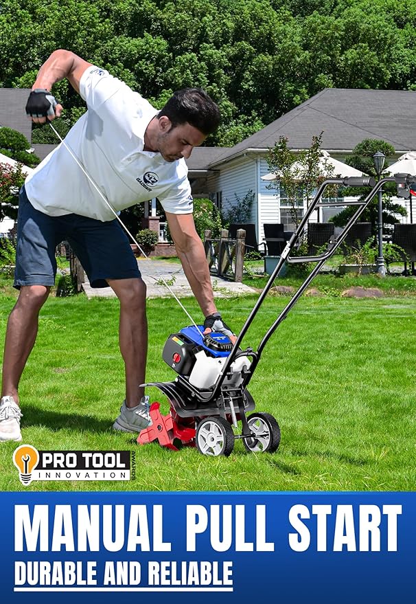 Wild Badger Power Garden Tiller 53cc Mini Cultivator 15 inch Powerful Liftable Booster Rod Tilling Tool for Lawn, Garden and Field Soil Cultivation