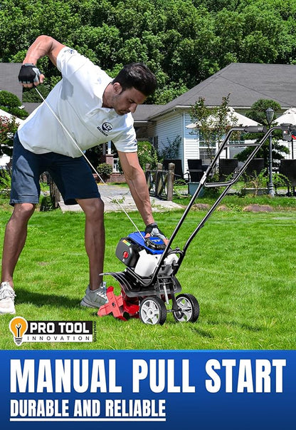Wild Badger Power Garden Tiller 53cc Mini Cultivator 15 inch Powerful Liftable Booster Rod Tilling Tool for Lawn, Garden and Field Soil Cultivation