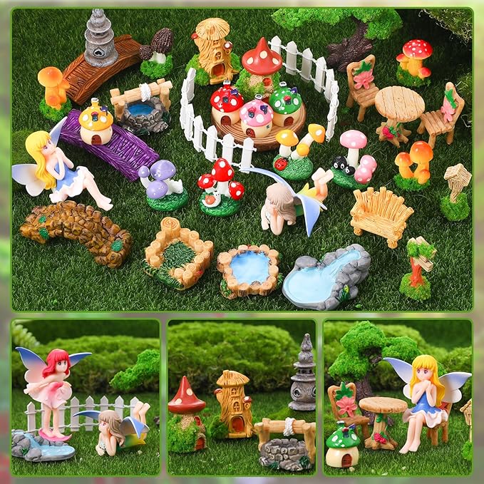 32 Pcs Fairy Garden Accessories Mini Fairy Figures Miniature Table and Chairs Bridge Mushroom Lighthouse Water Well Pond Landscape Ornaments Kit for DIY Garden Potted Desk Decor