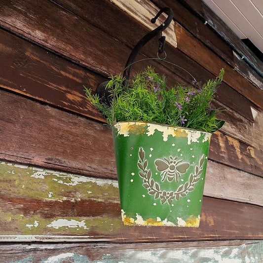 CVHOMEDECO. Farmhouse Wall Mount Metal Flower Pots Rustic Galvanized Bee Flower Holder Wall Hanging Pocket Planter for Indoor, Outdoor and Wall Decor, Set of 2 (Green)
