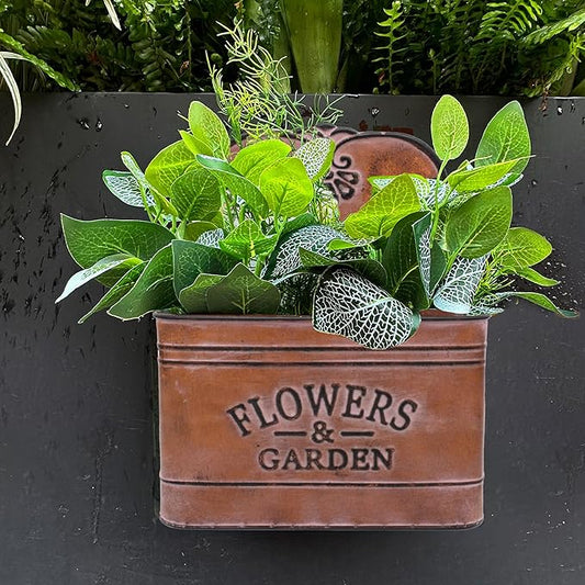 CVHOMEDECO. Farmhouse Metal Wall Planter Rustic Galvanized Flower Holder Wall Mount Flower pots for Indoor, Outdoor and Wall Decor, Set of 2 (Rusty)