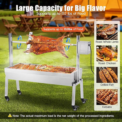Jocisland Electric BBQ Rotisserie Grill Kit, 42" 132 Lbs Capacity, 45W Motor, Height-Adjustable Stainless Steel Pig Lamb Charcoal Rotisserie Roaster with Lockable Wheels for Camping Outdoor