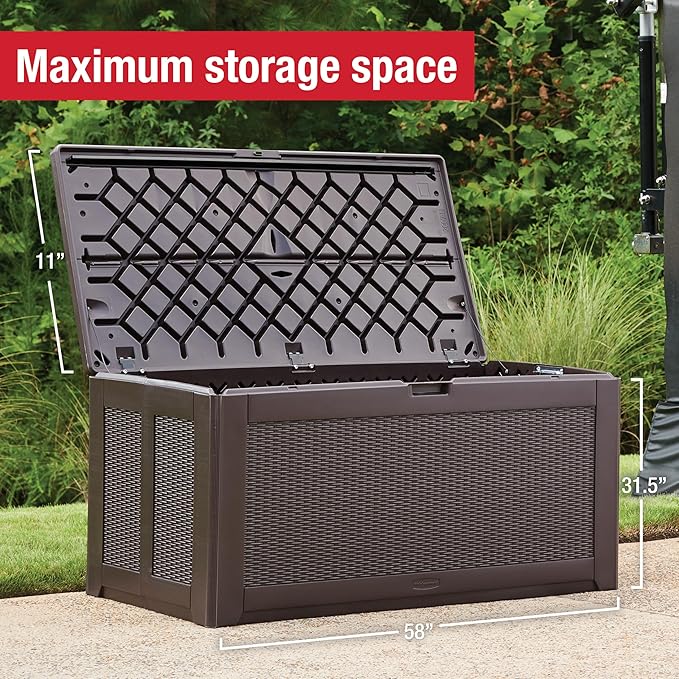 Rubbermaid Extra Large Resin Outdoor Storage Deck Box (134 Gal), Weather Resistant, Brown, Deck Organization for Home/Backyard/Pool Chemicals/Toys/Garden Tools/Porch/Patio Cushions