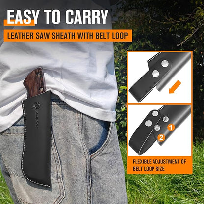 Folding Pruning Saw 7 Inch with Leather Sheath and Wenge Wooden Handle, SK5 Steel Blade, Foldable Hand Saw for Camping, Survival, Wood Cutting, Bushcraft and Tree Trimming