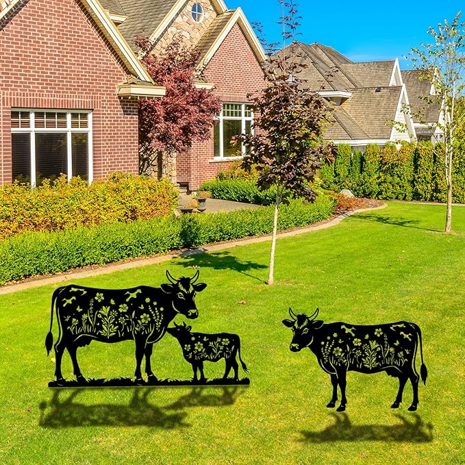 Cow Metal Garden Stakes Yard Decor, 2PCS Black Cow Silhouette Statues Garden Decorative for Women Men Gifts, Cow Gifts for Yard Art, Patio, Outside, Lawn Ornaments, Christmas