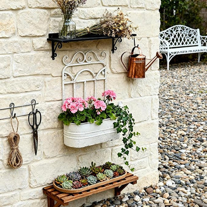 Vintage Rustic Wall Planter Distressed Decor Iron Hanging Plant Basket Shabby Metal Wall Mounted Flower Holder Pot Stand for Indoor Outdoor Home Balcony Patio Farmhouse Garden Decorative (White)