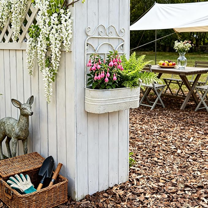 Vintage Rustic Wall Planter Distressed Decor Iron Hanging Plant Basket Shabby Metal Wall Mounted Flower Holder Pot Stand for Indoor Outdoor Home Balcony Patio Farmhouse Garden Decorative (White)