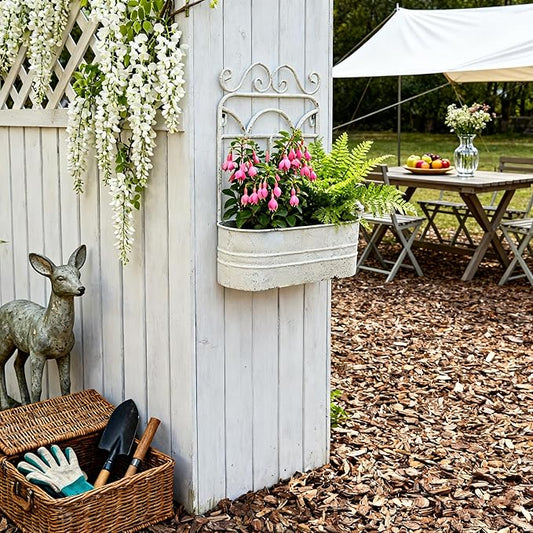 Vintage Rustic Wall Planter Distressed Decor Iron Hanging Plant Basket Shabby Metal Wall Mounted Flower Holder Pot Stand for Indoor Outdoor Home Balcony Patio Farmhouse Garden Decorative (White)