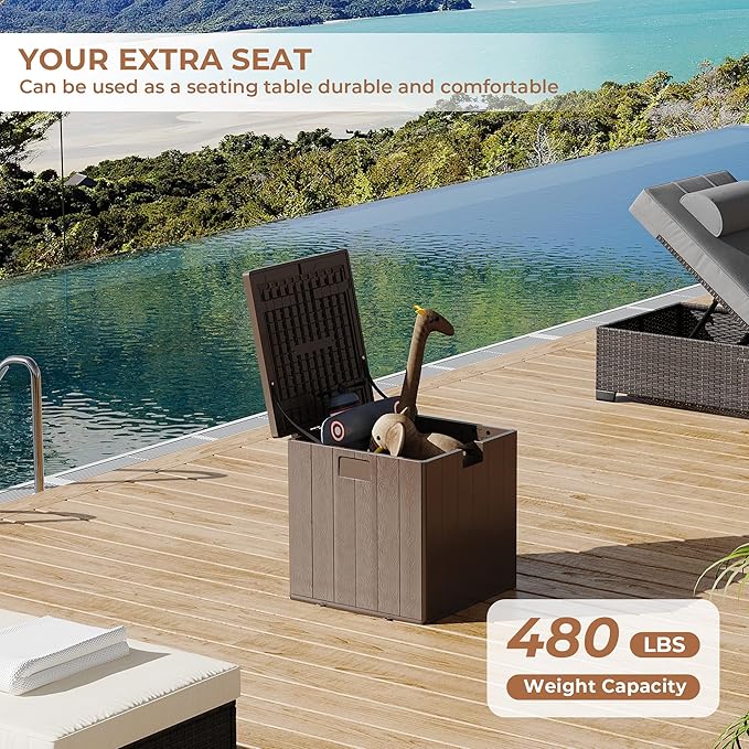 28 gal Brown Resin Deck Box, Outdoor Storage Box Waterproof Lockable, Patio Square Deck Box For Package Delivery, Outside Storage Box Container for Furniture Cushions, Garden Tools, Pool Accessories