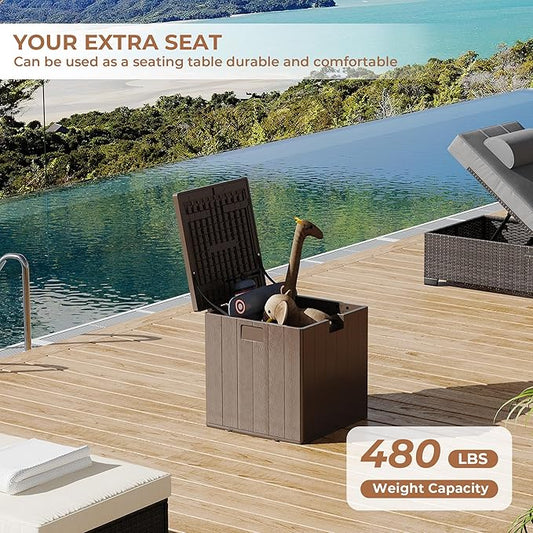 28 gal Brown Resin Deck Box, Outdoor Storage Box Waterproof Lockable, Patio Square Deck Box For Package Delivery, Outside Storage Box Container for Furniture Cushions, Garden Tools, Pool Accessories