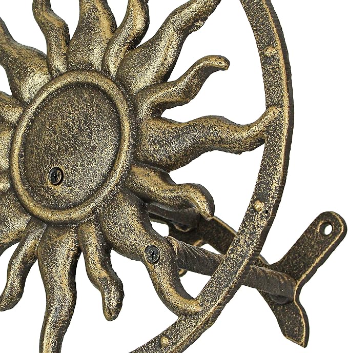 Bronze Finish Cast Iron Sun Wall Mounted Hanging Garden Hose Hanger Celestial Outdoor Decor - Weather Resistant - Easy Install Hose Holder - 11.5 Inches in Diameter