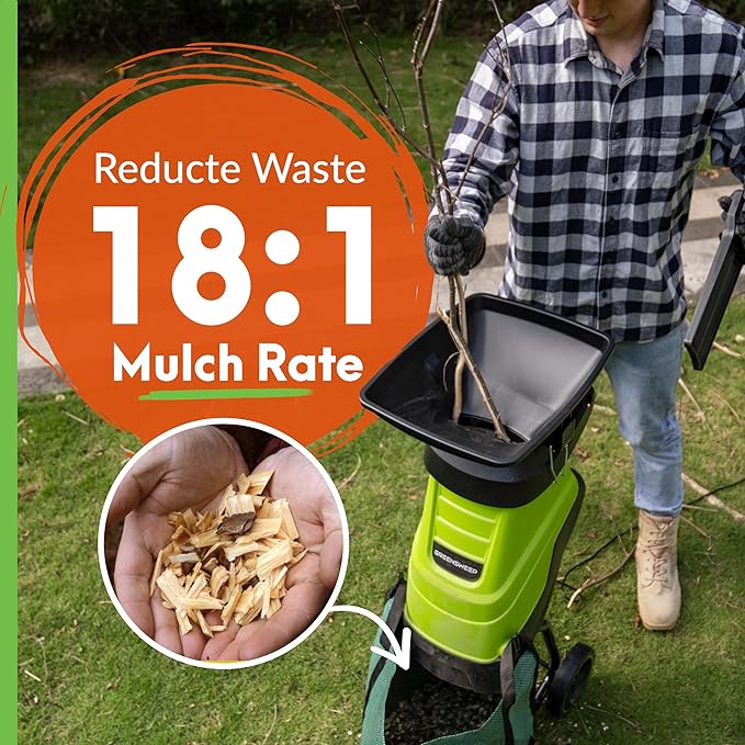 Electric Wood Chipper & Mulcher – 15A Powerful Garden Shredder for Branches, Leaves & Yard Waste – Compact, Quiet & Easy to Use with Collection Bag