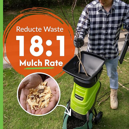 Electric Wood Chipper & Mulcher – 15A Powerful Garden Shredder for Branches, Leaves & Yard Waste – Compact, Quiet & Easy to Use with Collection Bag