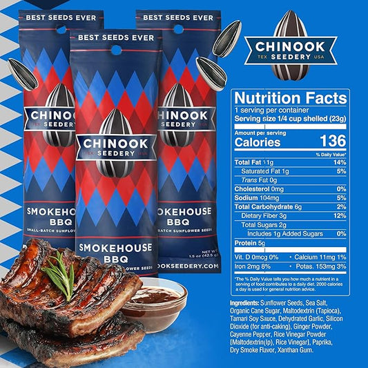 Chinook Seedery Low Sodium Sunflower Seeds – Smokehouse BBQ Flavor, Pack of 36, 1.5oz – Sunflower Seeds to Eat – Keto, Jumbo, Roasted, Baseball Snacks