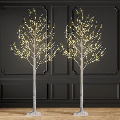 2 Pack 8FT Lighted Birch Tree 132 LED Artificial Tree for Decoration Inside and Outside, Home Patio Wedding Festival Christmas Decor, Warm White