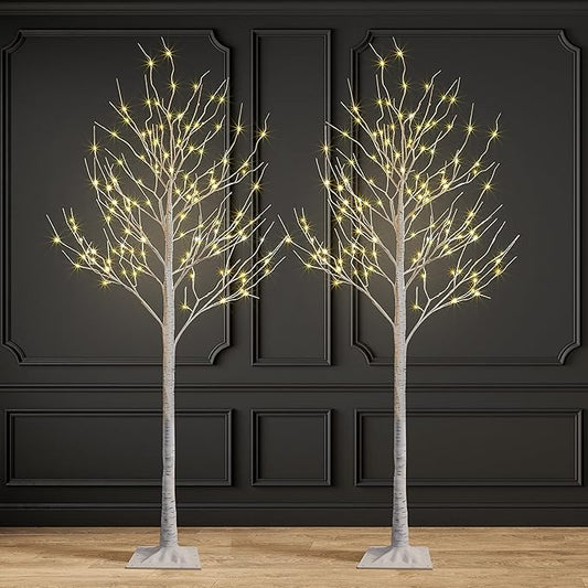 2 Pack 8FT Lighted Birch Tree 132 LED Artificial Tree for Decoration Inside and Outside, Home Patio Wedding Festival Christmas Decor, Warm White