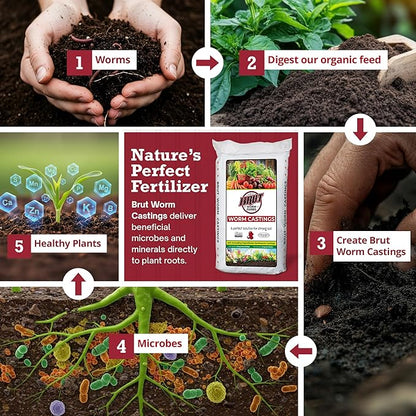 Brut Organic Worm Castings for Plants 30 LB – Natural Nutrients, Fertility Builder, Plant Food for Potting Soil and Garden Soil – Indoor and Outdoor Use