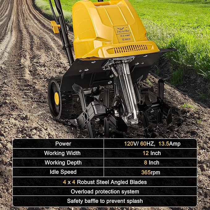 Electric Tiller/Cultivator 4 Steel Tines, 8'' Tilling Depth Garden Roto Tillers for Gardening, 13.5 Amp 12 Inch Corded Rototiller with Adjustable Wheels, Yellow