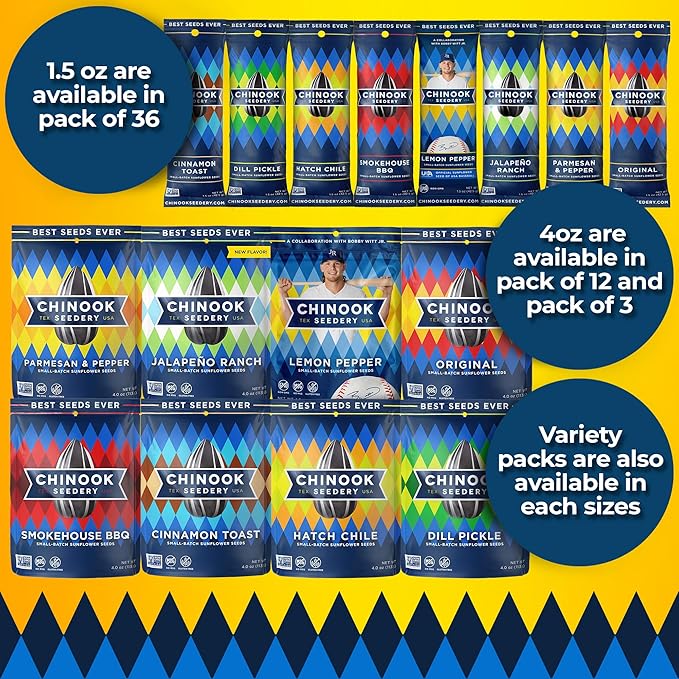 Chinook Seedery Low Sodium Sunflower Seeds – Parmesan & Pepper Flavor, Pack of 36, 1.5oz – Sunflower Seeds to Eat – Keto, Jumbo, Roasted, Baseball Snacks