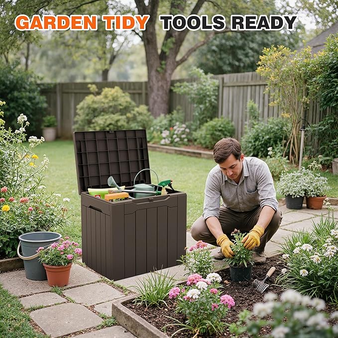 32 Gallon Deck Box Outdoor Indoor Waterproof Storage Box for Patio Furniture, Pool Accessories, Garden Tools, and Cushion Storage, Brown