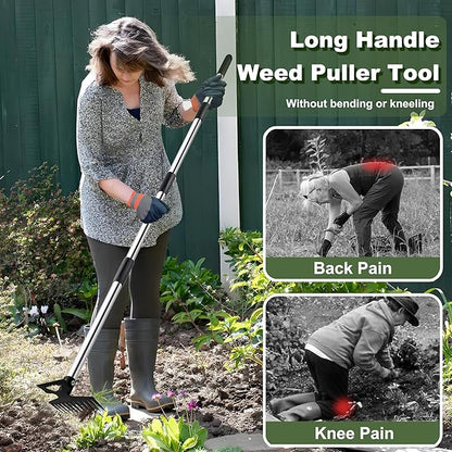 Weed Puller Tool with Long Handle, 60" Manual Weeder Remover Tool, 2 in 1 11-Tine Heavy Duty Manual Weed Rake and Garden Hoe, Weeding Tools for Yard, Lawn, Patio, Garden