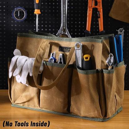 16OZ Waxed Canvas Tool Tote Bag | Large-Capacity Tool Storage Tote with 10 External Pockets | Multi-Purpose Garden Tool Carrier for Gardening, Wrench, and Carpentry Tools – Khaki