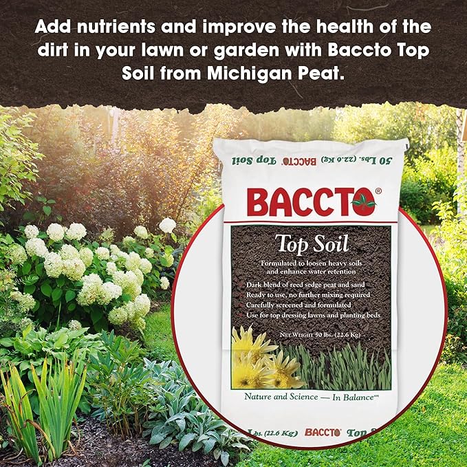Michigan Peat Company Baccto Top Soil for Lawns, Patchworks, Gardens, Planting Beds, and Shrub and Tree Transplant Mixtures, 50 Pounds