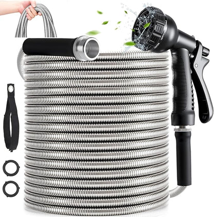 YXT&BEYOND 50 FT Garden Hose - 304 Stainless Steel Lightweight Water Hose w/ 10-Pattern Spray Nozzle - 360° Swivel Fittings, Flexible Metal Garden Hose for Yard Outdoor, Leak-Proof Kink Free
