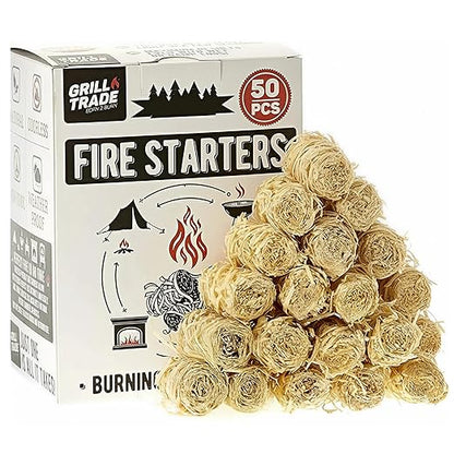 Grill Trade Fire Starters - 50 Pieces Grill Starter Made of Pine Wood Shavings - Food-Grade Wax with 8-10 Minutes Burning Time - Weatherproof and Odorless - Ideal for Indoor or Outdoor Use