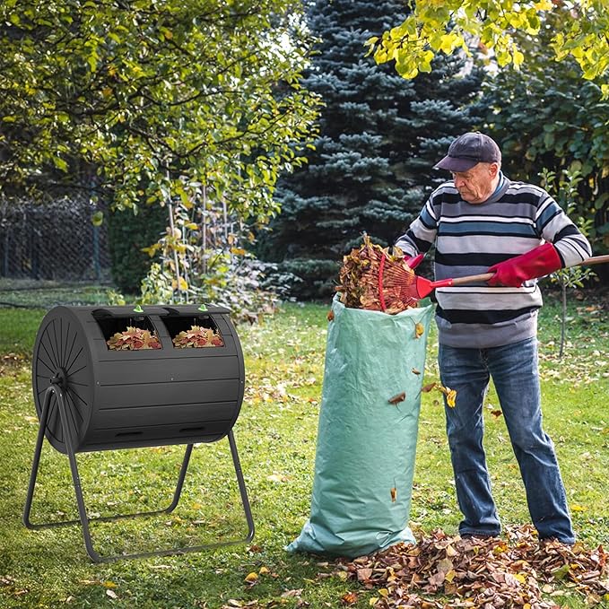 Dual Chamber Tumbling Composter 43 Gallon Large Outdoor Tumbling Composter Efficient Batch Composting Easy Turn Design (Black)