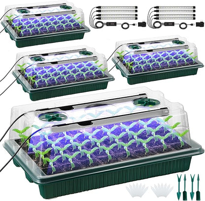 Saillong 4 Pack Seed Starter Tray with Grow Light, 80 Cells Indoor Greenhouse Kit, 360° Full Spectrum LED, Smart Timer, 5 Brightness Levels Indoor Plant Starter Kit for Home Gardeners