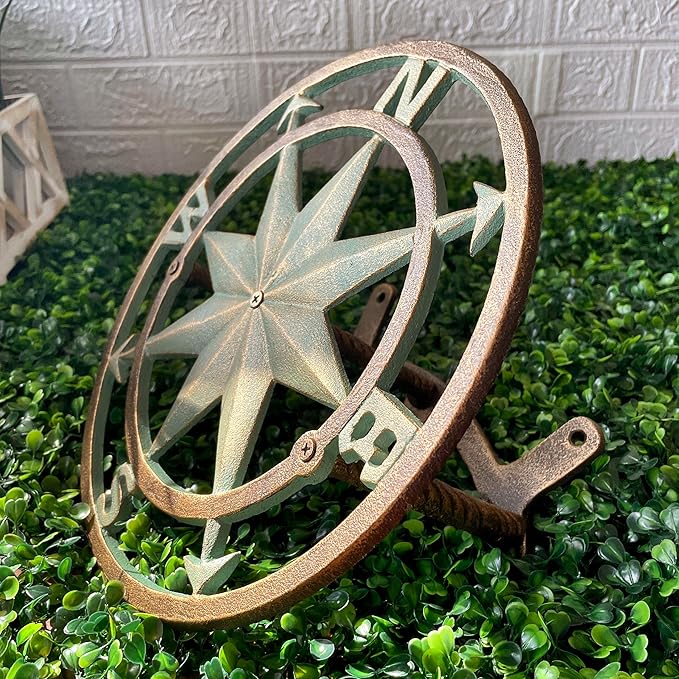 Verdigris Green Finish Cast Iron Nautical Compass Rose Wall Mounted Decorative Hanging Garden Hose Hanger - Hose Holder Organizer for Outdoor Spaces - 12 Inches in Diameter